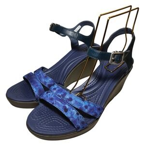 Crocs Leigh II Ankle strap Wedge Dual comfort Sandal Navy Nautical Womens Sz 10